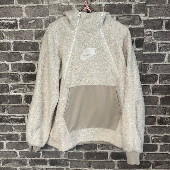 Nike NSW SHERPA PULLOVER HOODIE Cream Off White Relaxed Fit Fleece jacket - Picture 1 of 14